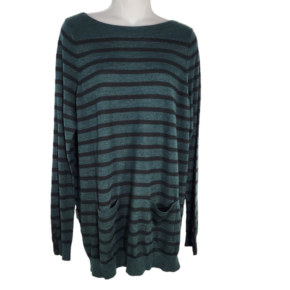 Ann Taylor LOFT Tunic Sweater Large Striped Wool Blend Boat Neck Patch Pocket - Picture 1 of 10